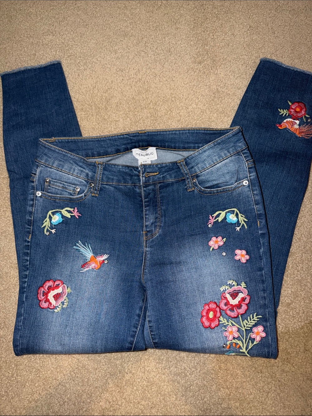 For The Republic Dark Blue Skinny Jeans with Multicolor Floral & Bird Embroidery